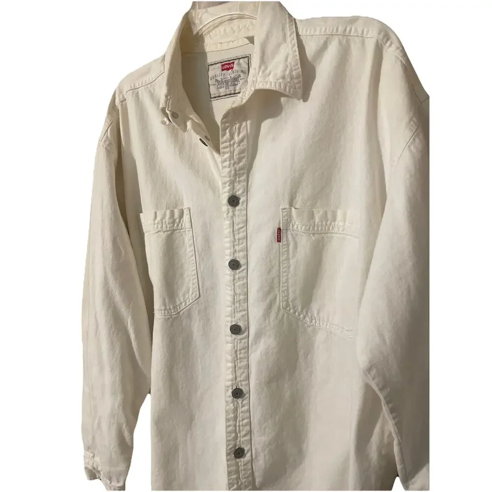 Vintage 90s Levi’s Red Tab Men’s Large White Long Sleeve Shirt W/Metal Buttons